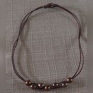 New Handmade Movable Brown Peacock Pearl & Dark Brown Leather Necklace
